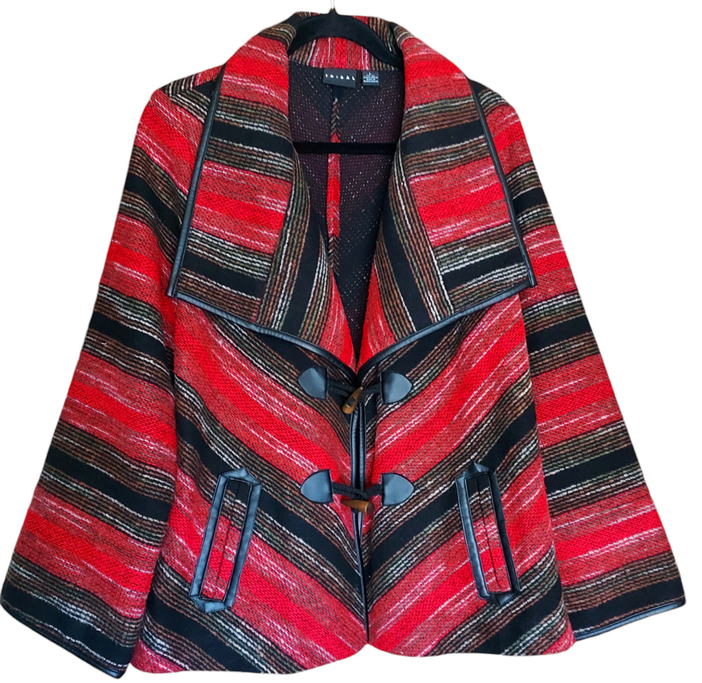 Tribal Women's Southwestern Swing Jacket Red Black Tribal Print Toggle Size LG